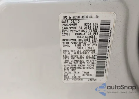 2011 Infiniti Fx35 z USA, uszkodzony, nr VIN JN8AS1MU7BM110299